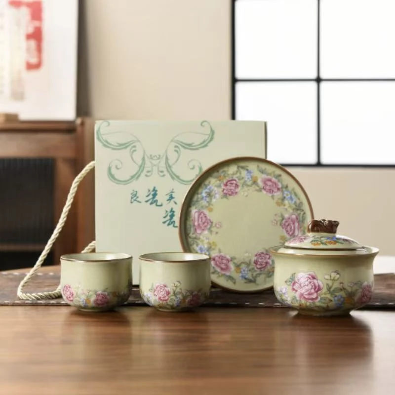 玫瑰花元宝旋转盖碗盖碗两杯套装茶杯手绘带盖高档茶具陶瓷家用