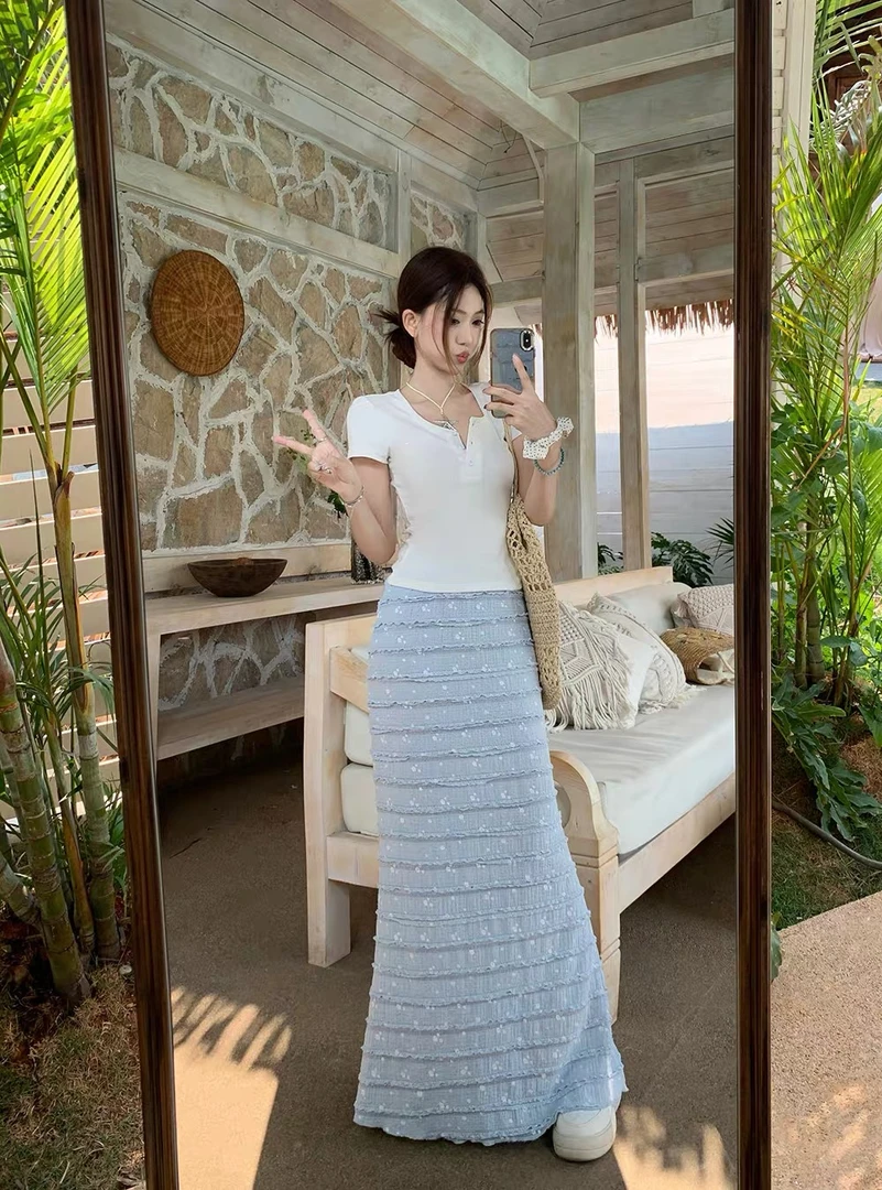 甜美风正肩T恤衫木耳边蕾丝蛋糕裙鱼尾半身裙2025夏季新款套装女