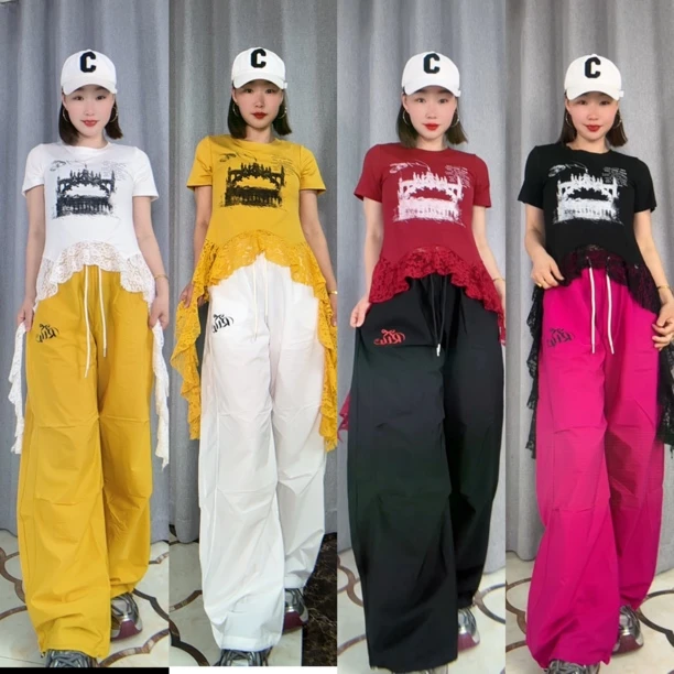 夏季新品短袖T恤弹力棉拼接网纱半袖显瘦印花时尚运动潮流529