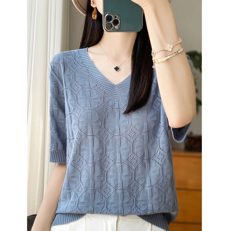 哥弟阿玛施正品镂空洋气V领针织衫薄款短袖T恤女装夏季纯色上衣