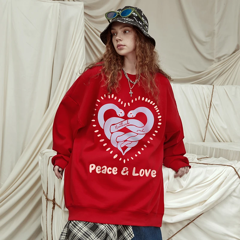 蛇年红色春节圆领套头卫衣加绒加厚潮牌美式宽松情侣男女2025