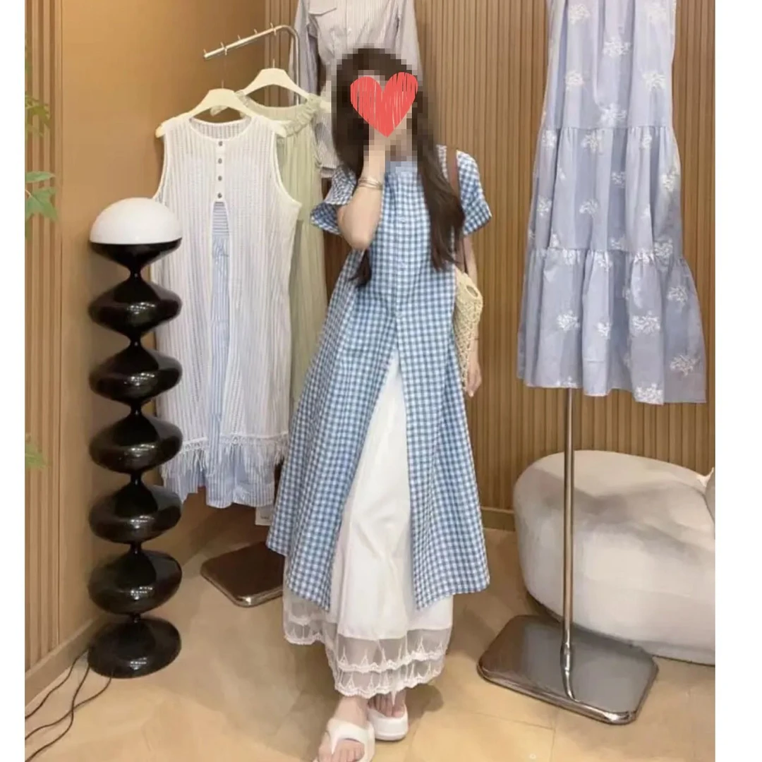 格纹长款设计感度假风短袖衬衫女夏季新款宽松休闲时尚套装