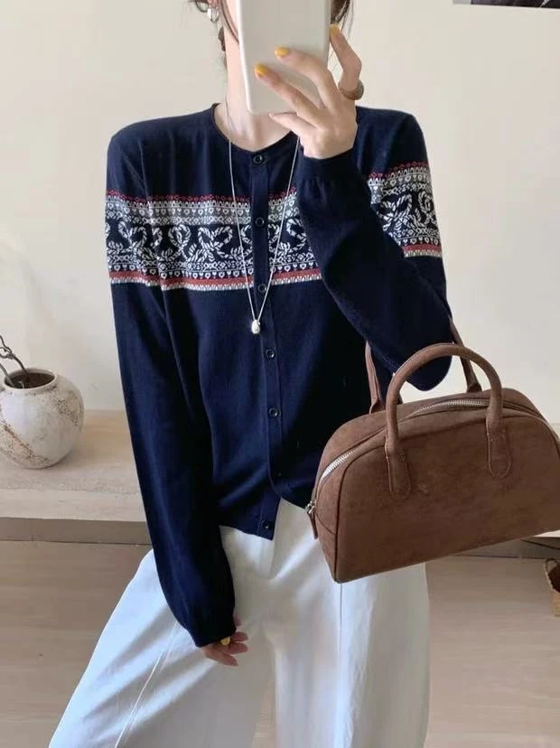 25819-3322 复古气质提花透气毛针织衫开衫