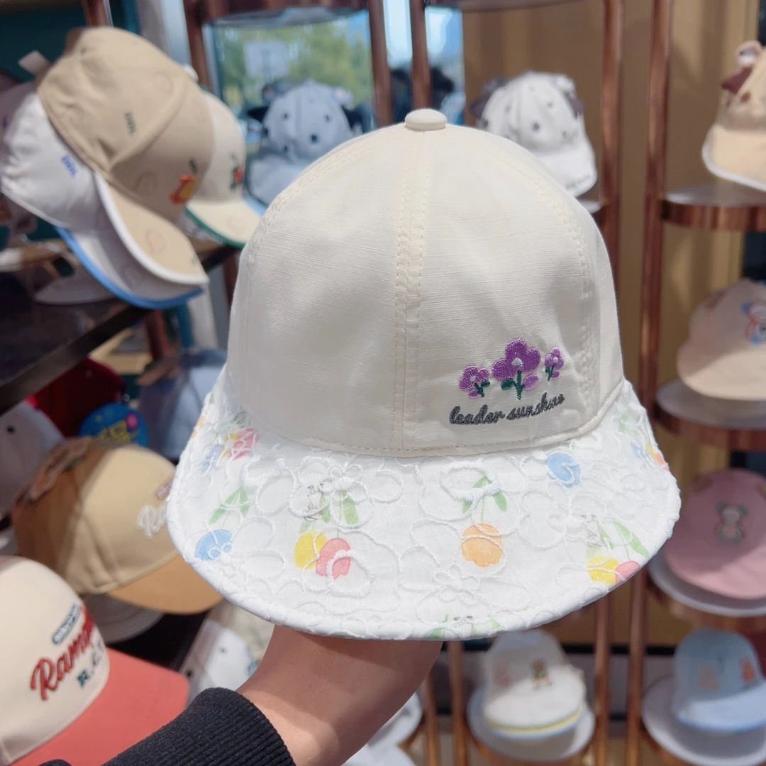 嘟嘟啦春夏新款薄款防晒女宝渔夫帽子蕾丝小花女童大檐盆帽3675