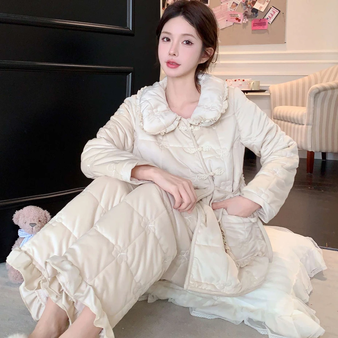 珊瑚绒睡衣女冬季新款国风三层夹棉加绒加厚保暖家居服套装可外穿