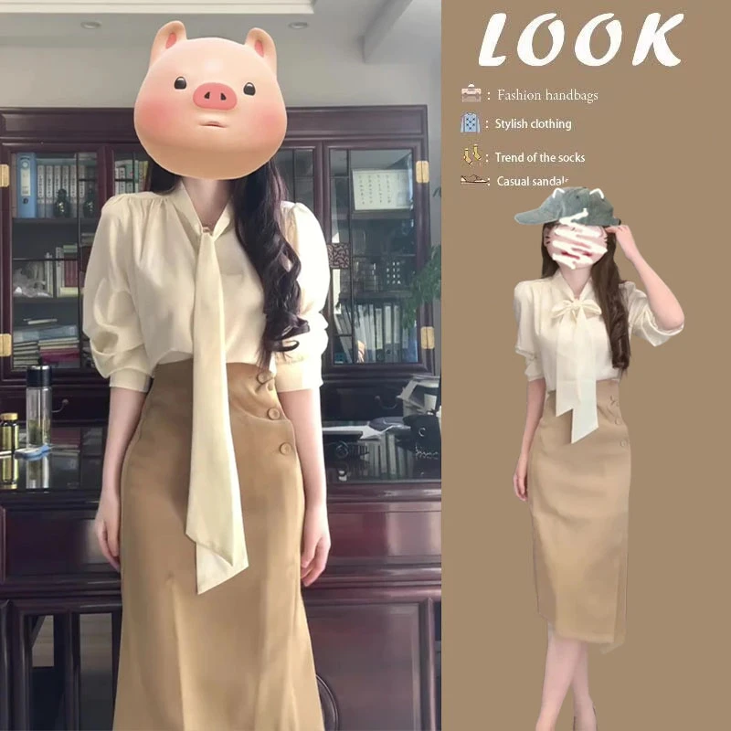 春季穿搭一整套2025新款韩版时尚女领结长袖衬衣高腰半身裙两件套