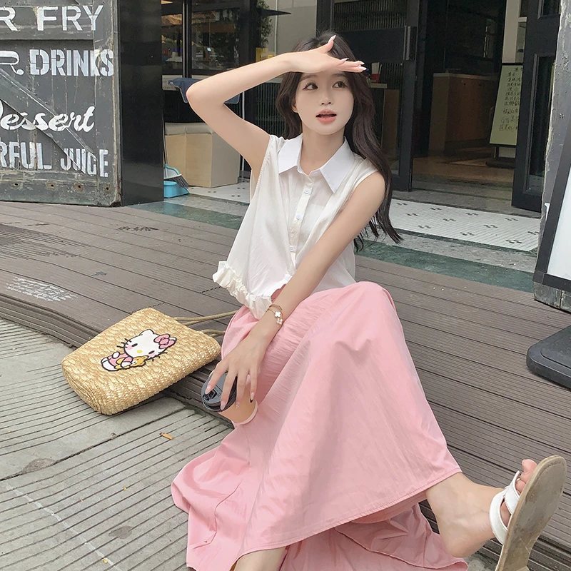 夏天多巴胺穿搭一整套小个子小香风甜美别致无袖衬衫半身裙套装女