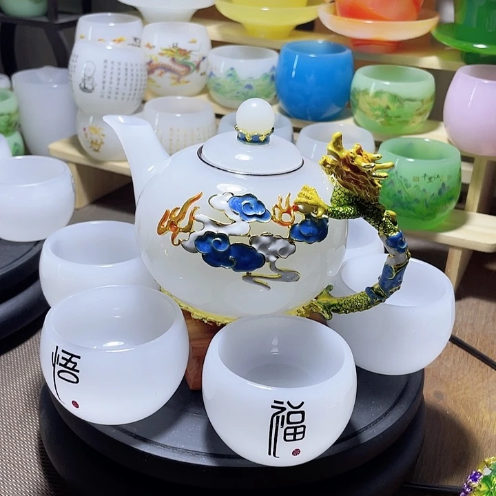琉璃中式珐琅彩龙腾盛世一壶六杯礼盒套装