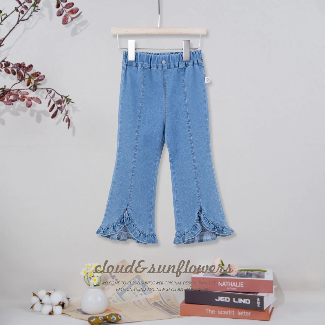 【云朵小葵】女童时尚中拼蓝色百搭花边微喇牛仔裤28555