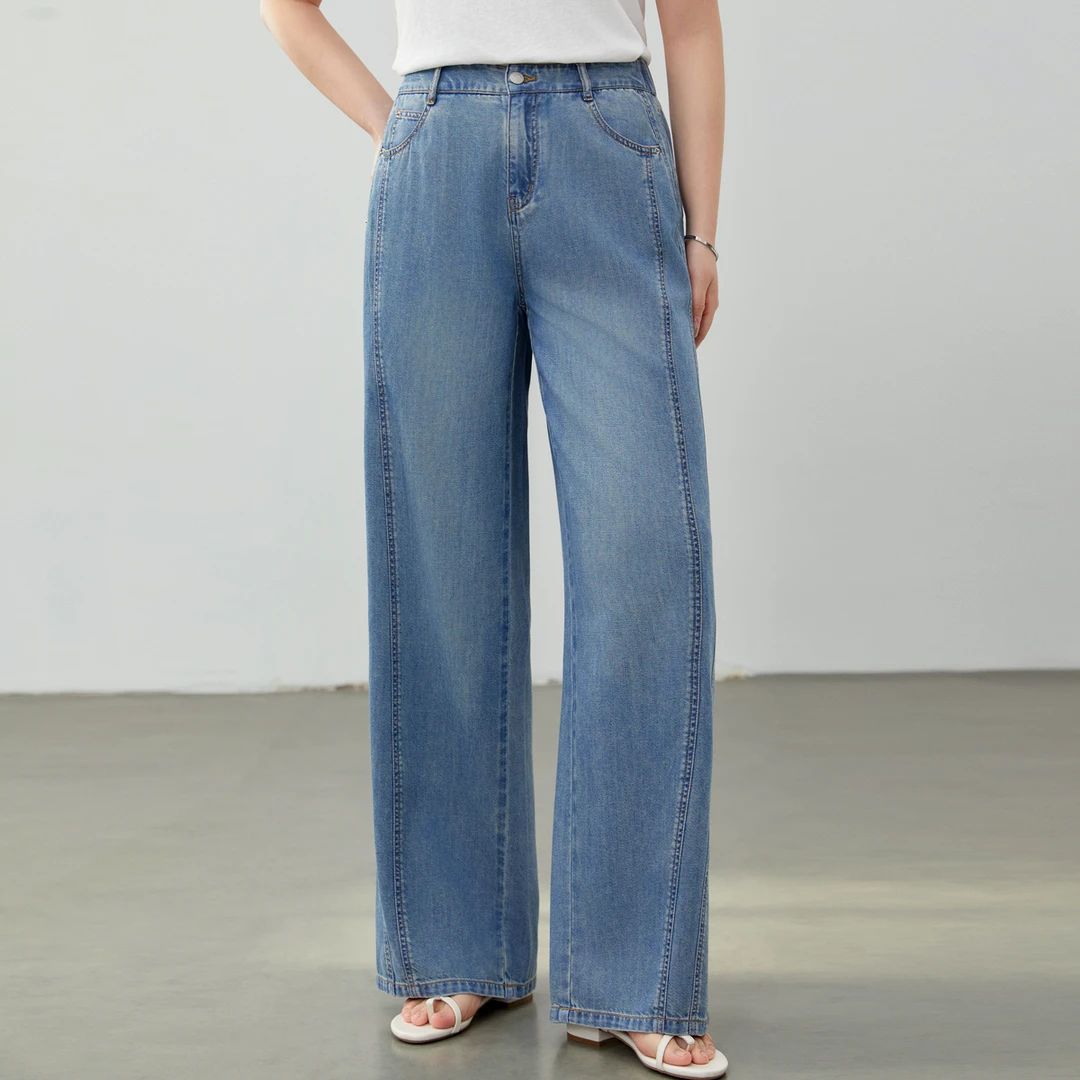 【复古百搭牛仔裤】纤莉秀大码女装时髦松紧腰显瘦牛仔裤QK1324