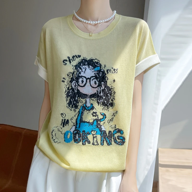 【竹节棉麻】夏季新款圆领短袖T恤女孩印花拼色打底衫