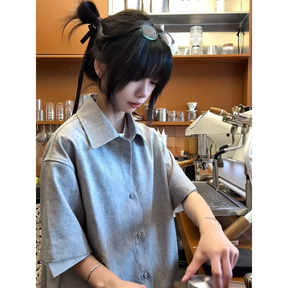 H1c gallery月影亚麻短袖衬衫男款春夏季cleanfit设计感外套上衣