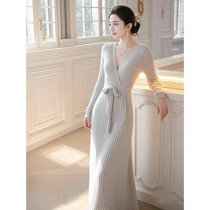 韩国高端包芯纱毛衣针织连衣裙女秋冬法式显身材气质名媛打底长裙