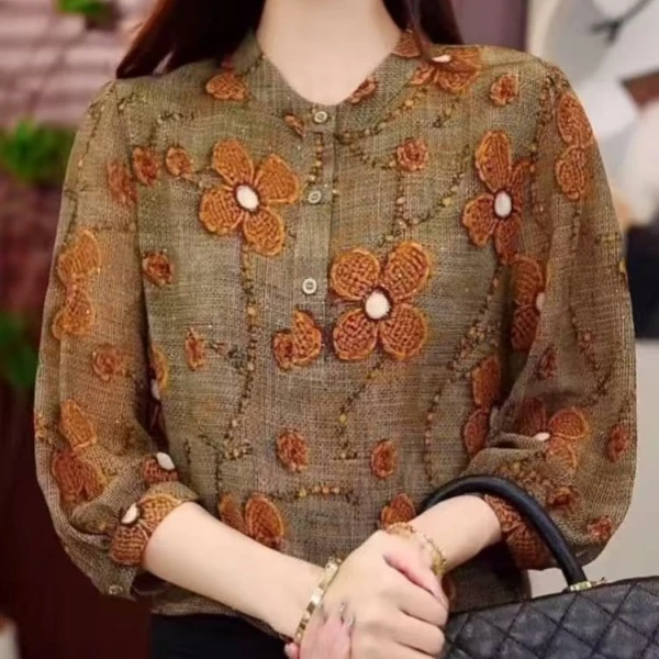 时尚新款女士优雅气质小衫细闪圆领七分袖百搭显瘦上衣14108