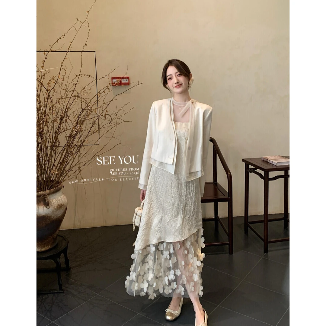 法式浪漫别致拼接气质连衣裙女收腰显瘦温柔长裙搭配外套两件套