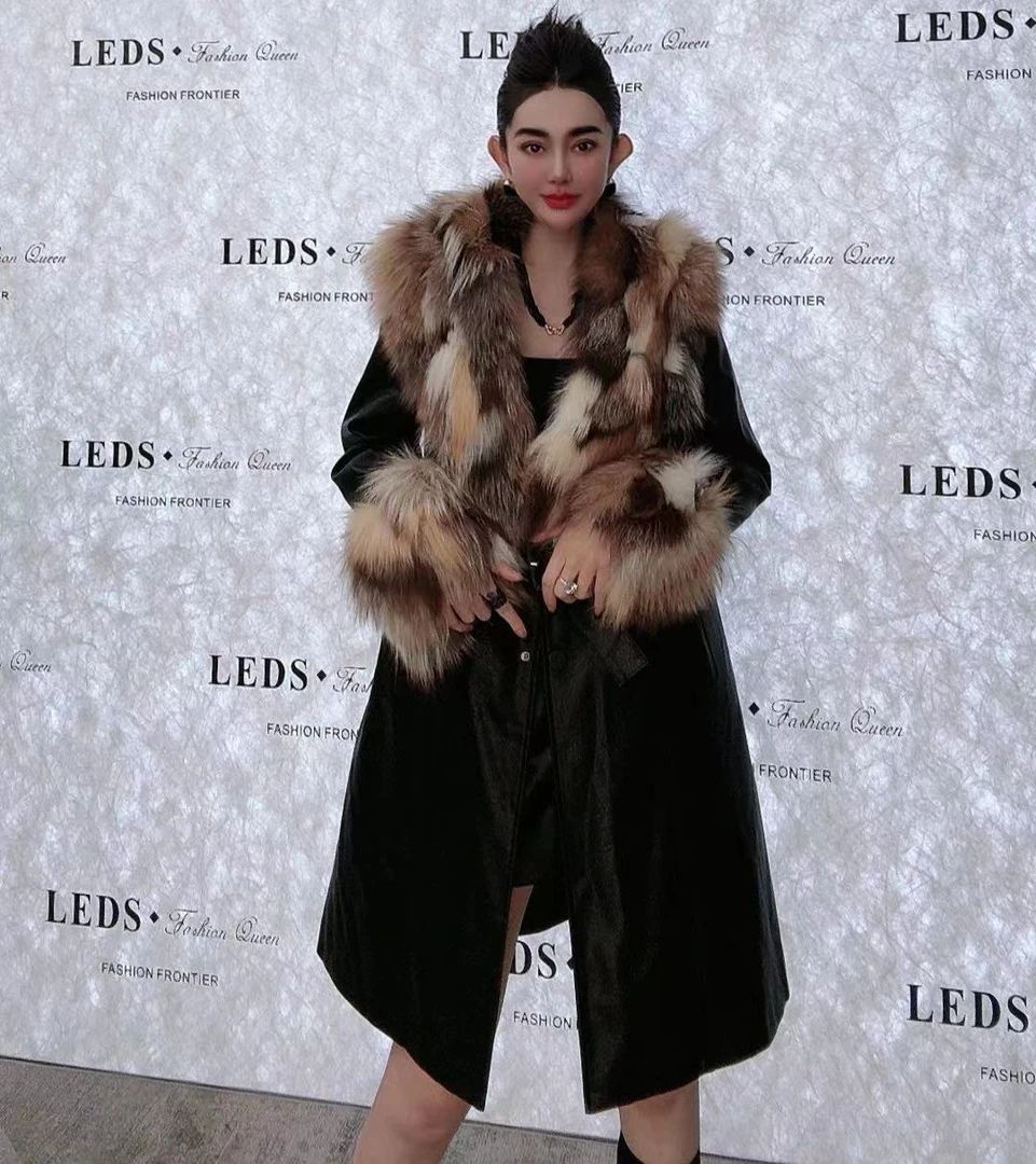 LEDS 23161冬季新款气质显瘦大毛领中长款毛毛外套