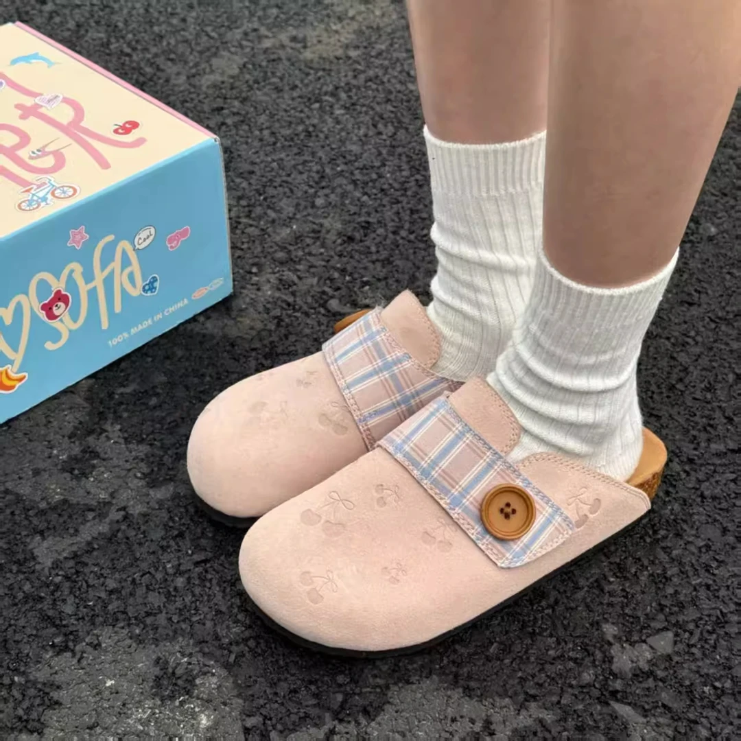 新款粉色樱桃印花设计勃肯鞋女高颜值平底复古休闲鞋防滑透气半拖