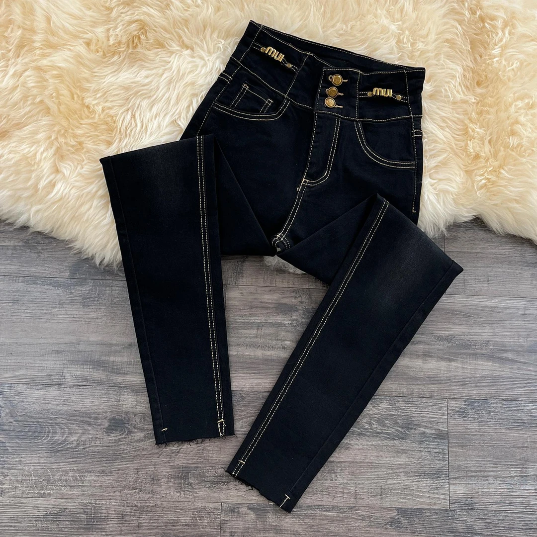 超高腰小脚牛仔裤女秋季2025年新款时尚显瘦黑色加绒弹力铅笔裤子