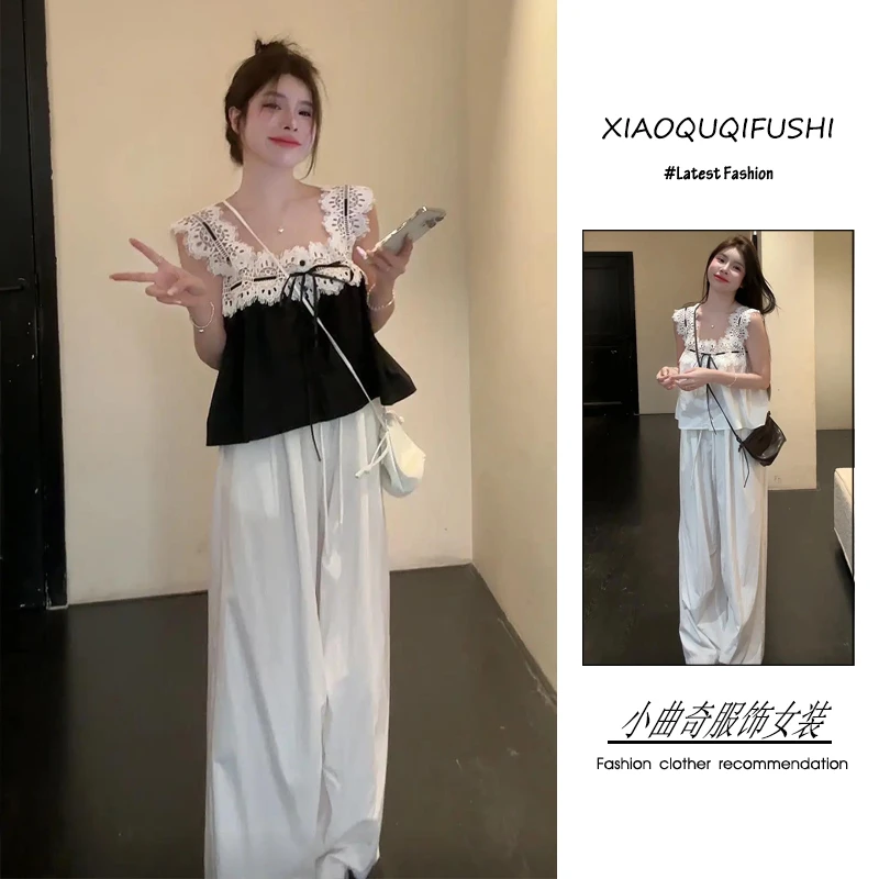 夏季2025新款一整套女装韩系穿搭甜美风蕾丝拼接上衣阔腿裤两件套
