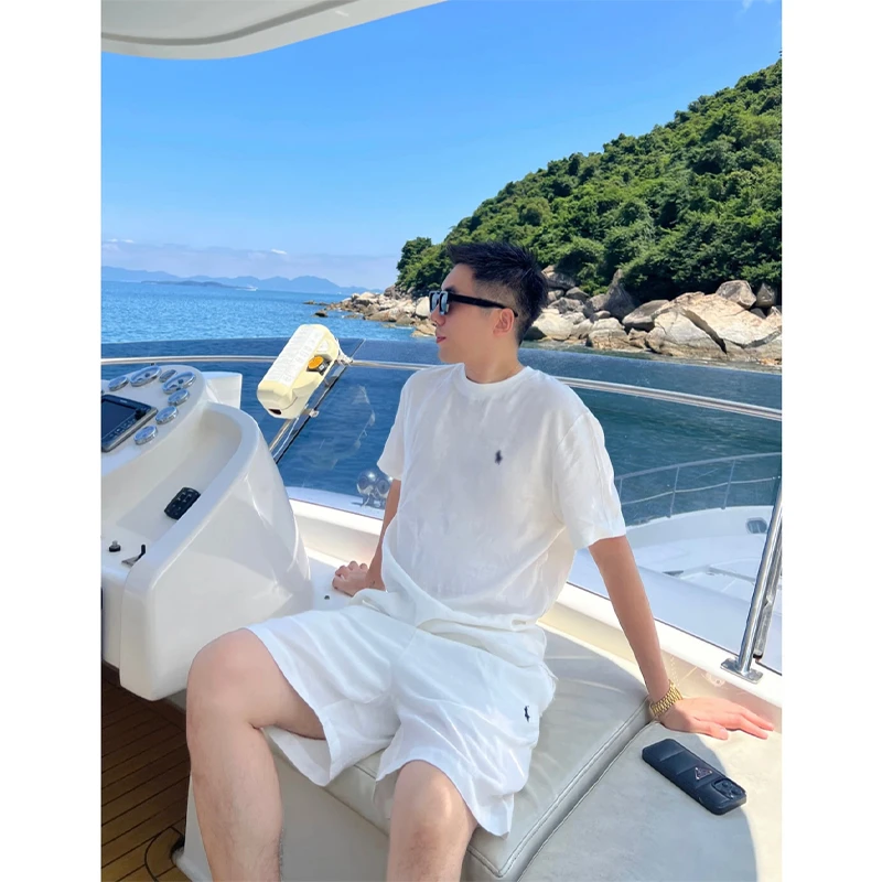 小马标刺绣天丝亚麻套装男夏季清冷贵气艺术感穿搭短袖短裤两件套