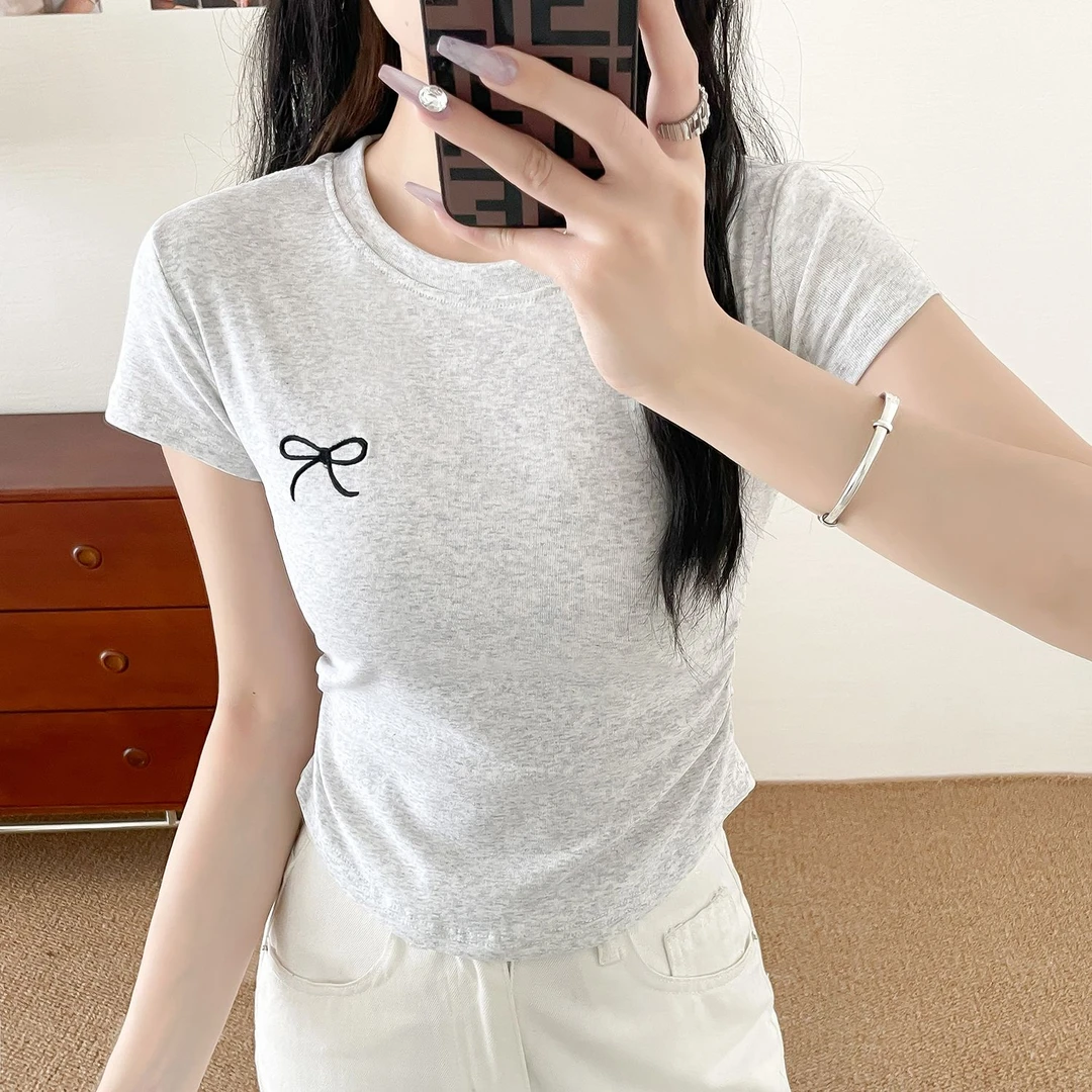 刺绣纯欲褶皱收腰短袖T恤女2025夏季新款时尚蝴蝶结打底衫上衣