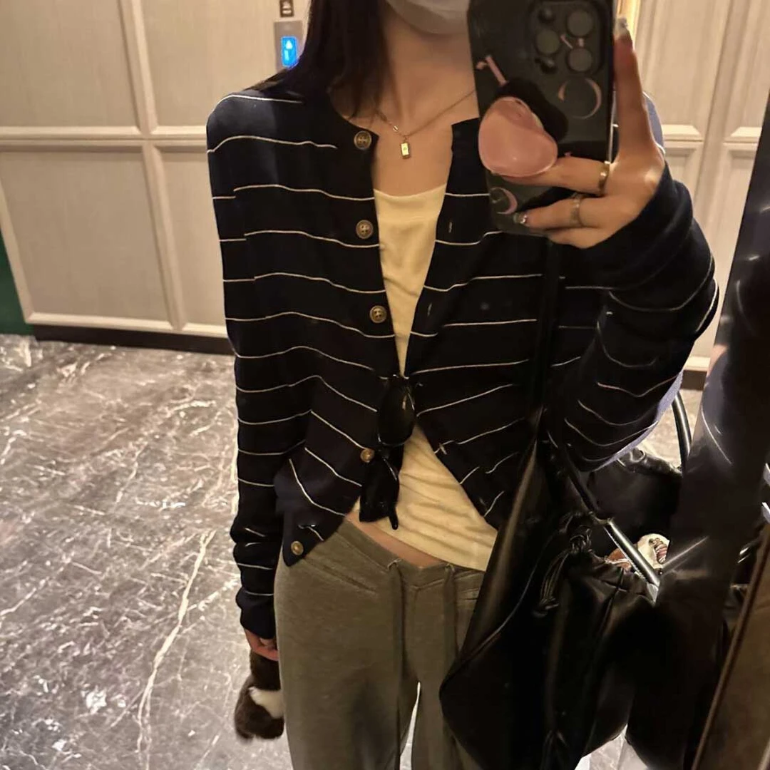 Miss sumeyY3726自制早春新款法式百搭弹力条纹针织开衫上衣女