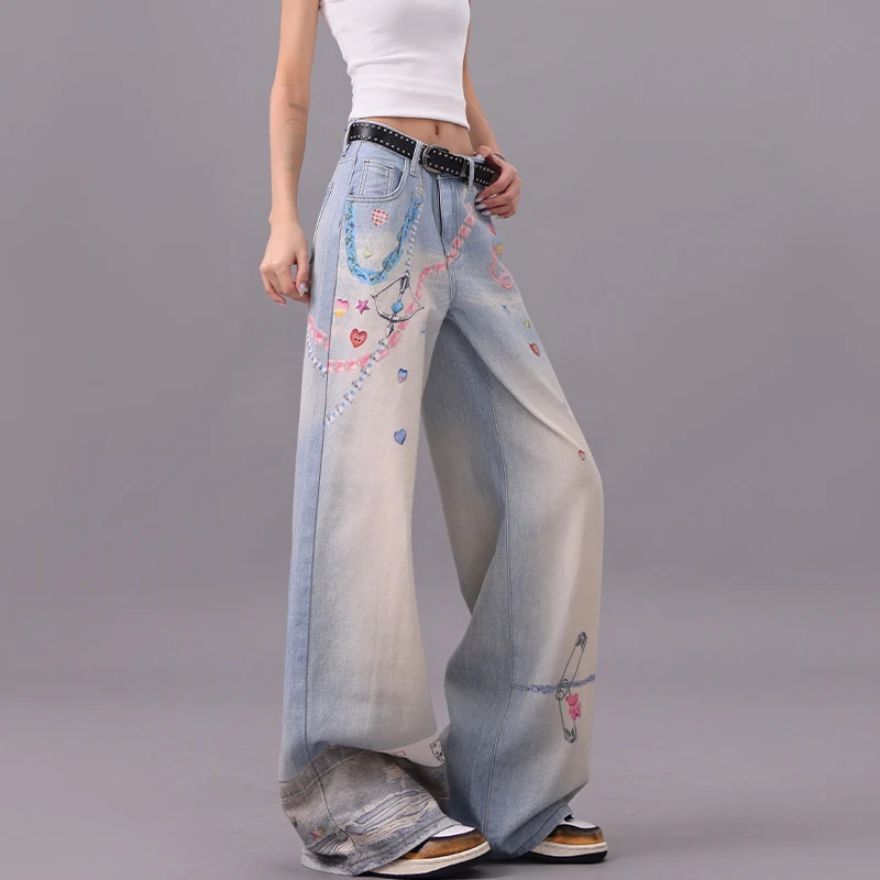 KEN STUDIO彩色涂鸦印花直筒牛仔裤女秋季新款宽松显瘦拖地裤裤子