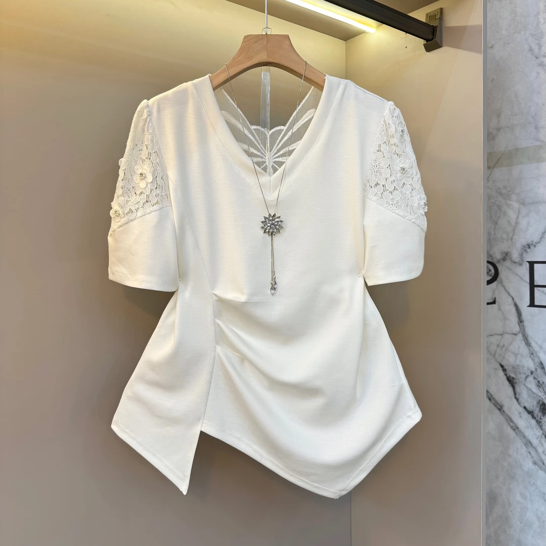 法式v领蕾丝镂空花朵袖子2025夏新款设计感小众褶皱不规则上衣669