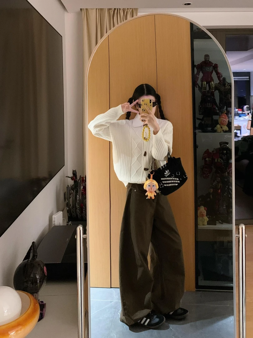 2025秋季潮流新品时尚气质法式针织长袖衫高腰阔腿休闲长裤两件套