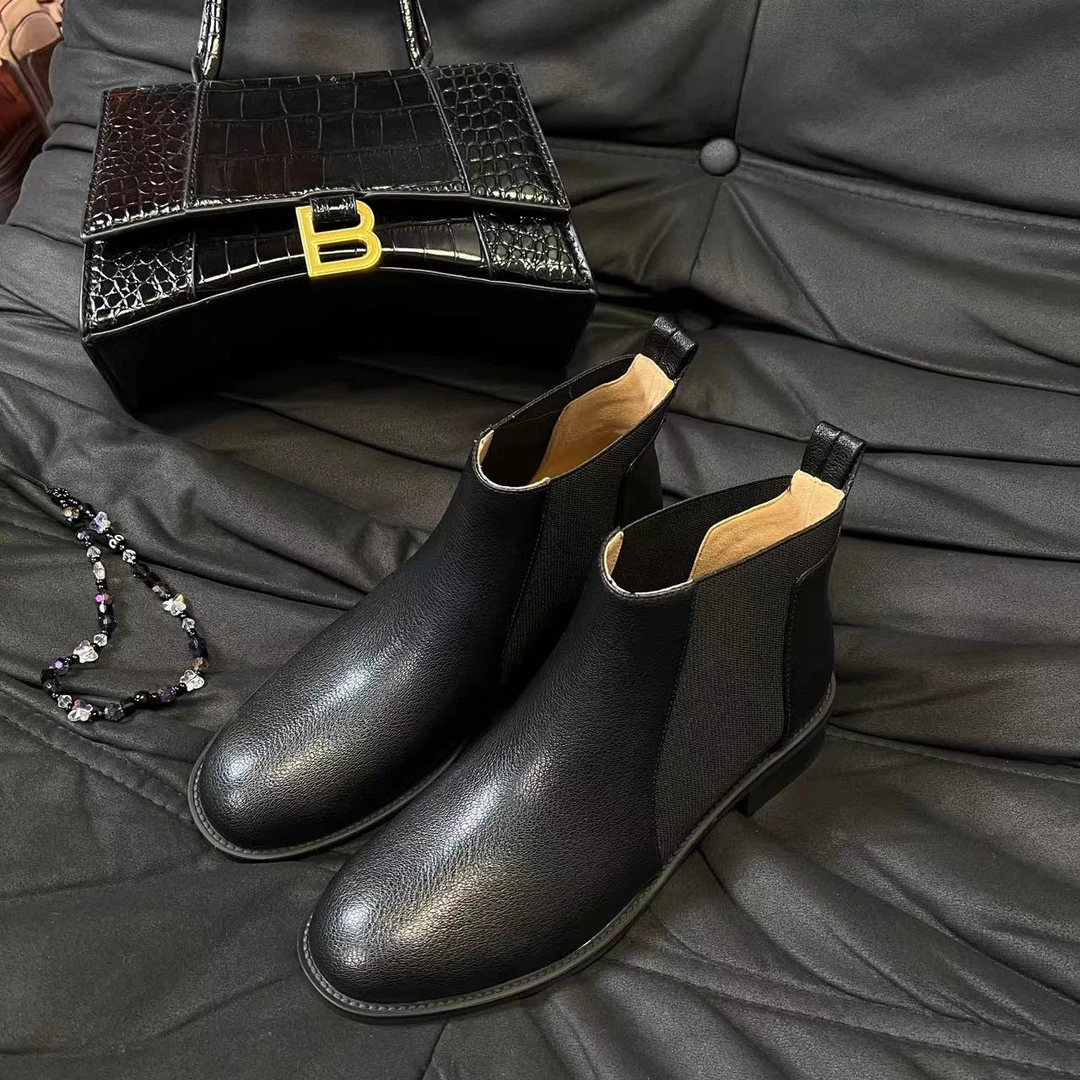 清仓真皮法式复古风瘦瘦靴一脚蹬百搭显瘦弹力靴厚底粗跟冬季短靴