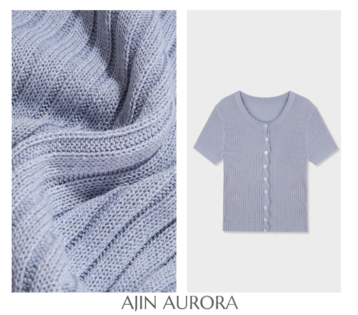 83047【紫苑芬菲】优雅设计感绞花单排扣修身显瘦针织短袖A1