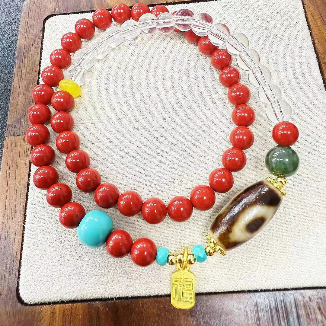 含辰砂工艺品【云锦出品】朱砂双圈水晶福珠红砂高含量