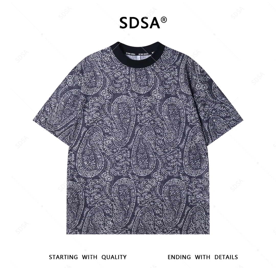 夏季高级感新款男士美式抽象图案短袖T恤撞色百搭休闲圆领上衣