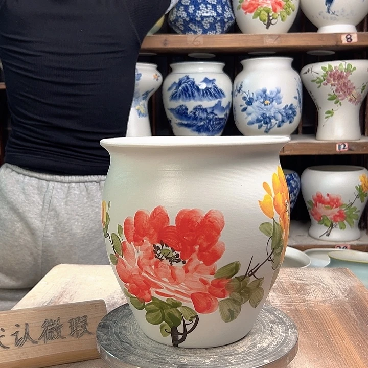 陶圆口红牡丹陶瓷