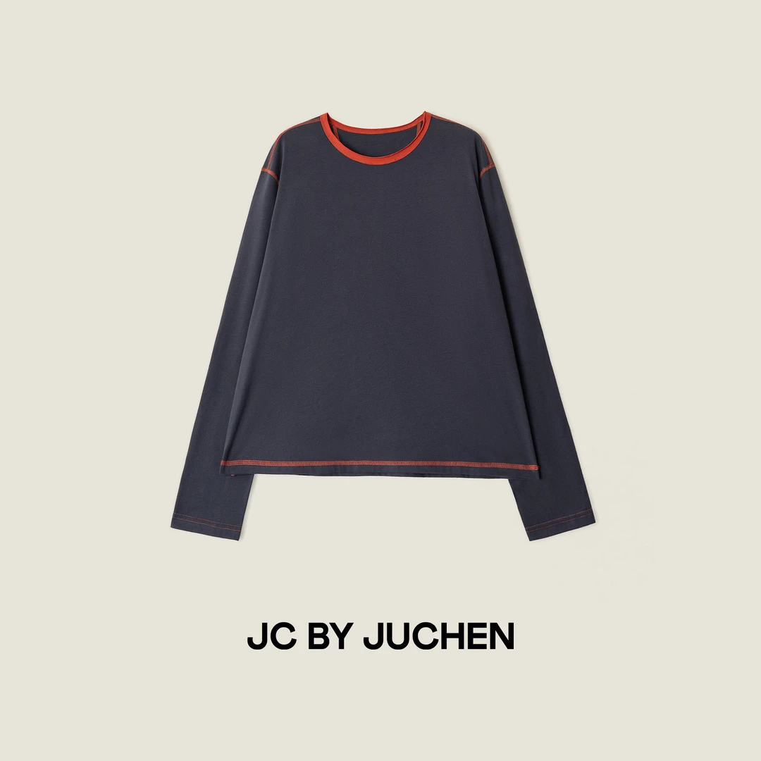 橘红明线舒适棉质双层领撞色哈苏线百搭显瘦长袖T恤 FW095325