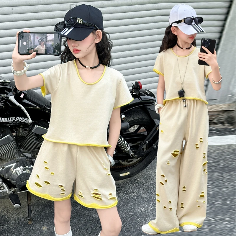 女童夏季韩系潮流短袖套装2025新款6-12岁中大童洋气女孩破洞套装