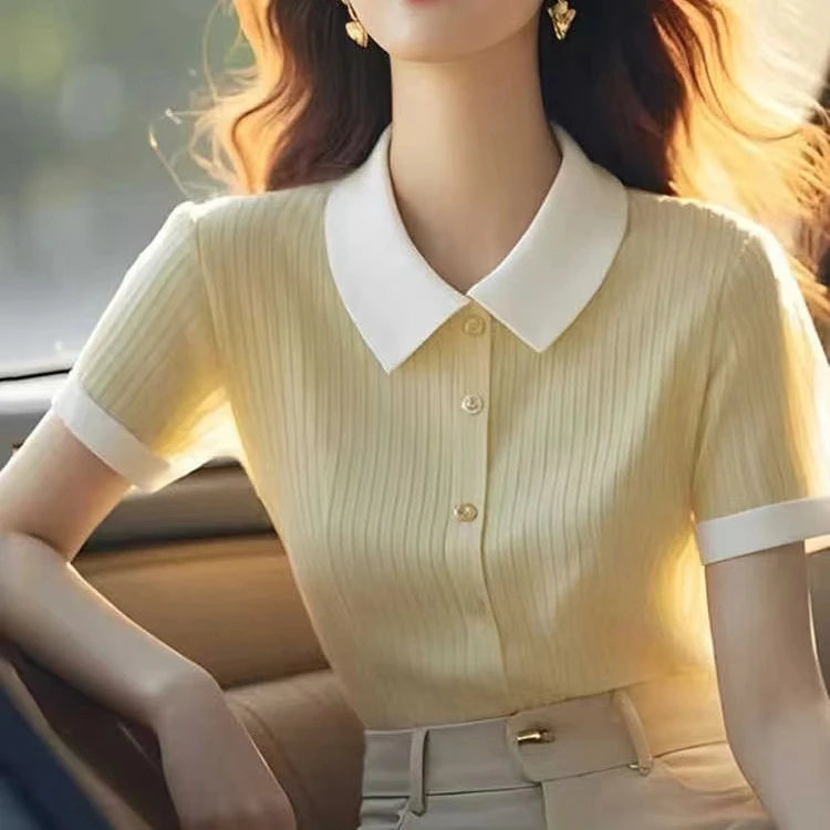 针织衫女款爆款2025新款优雅气质翻领上衣女修身显瘦打底衫女306