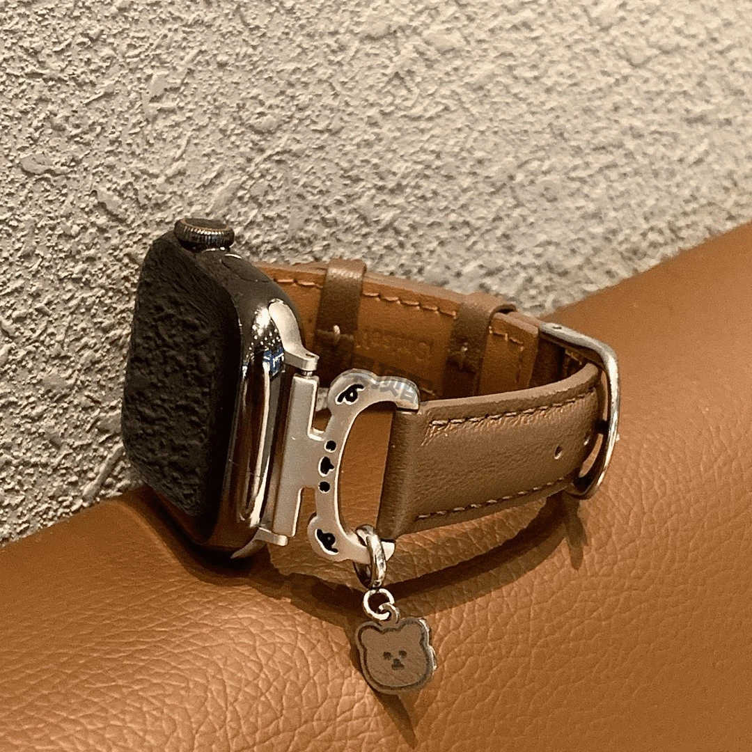 适用苹果iwatch手表s11表带s10小熊真皮小米手环9pro女款fit4腕带