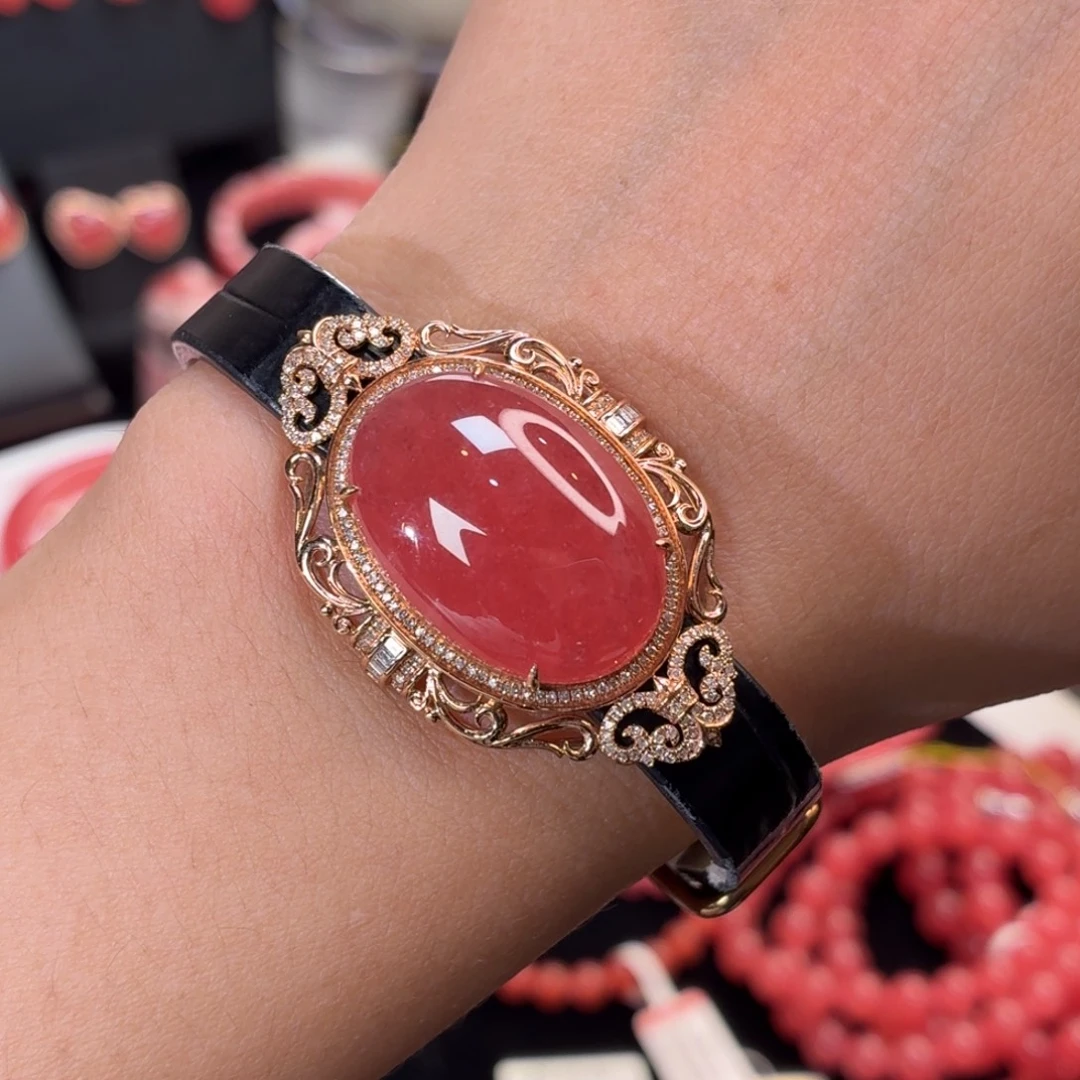 菱锰矿（红纹石）18K金镶嵌吊坠(不含链)手牌多用款