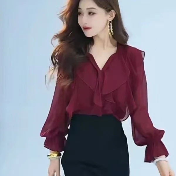 高端欧货洋气红色上衣女2025年秋季新款高级气质时尚洋气长袖上衣