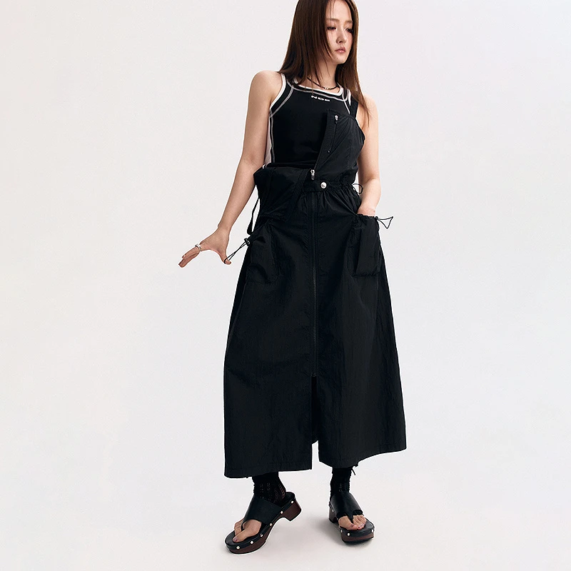 NO ONE ELSE美式复古女士夏季抽绳口袋收腰无袖长裙子背带连衣裙