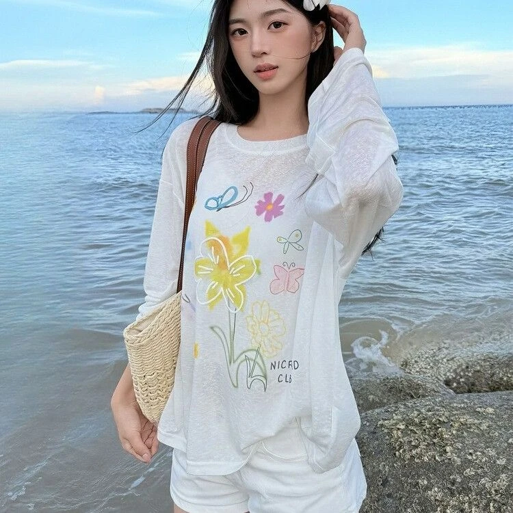 美式白色长袖t恤女时尚夏季慵懒防晒罩衫宽松薄款透气休闲上衣ins