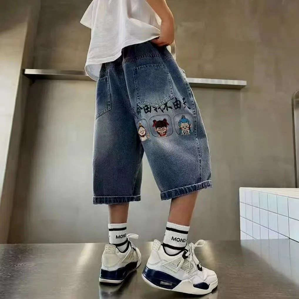现货夏季薄款重工刺绣哪吒短裤中大童牛仔短裤00157