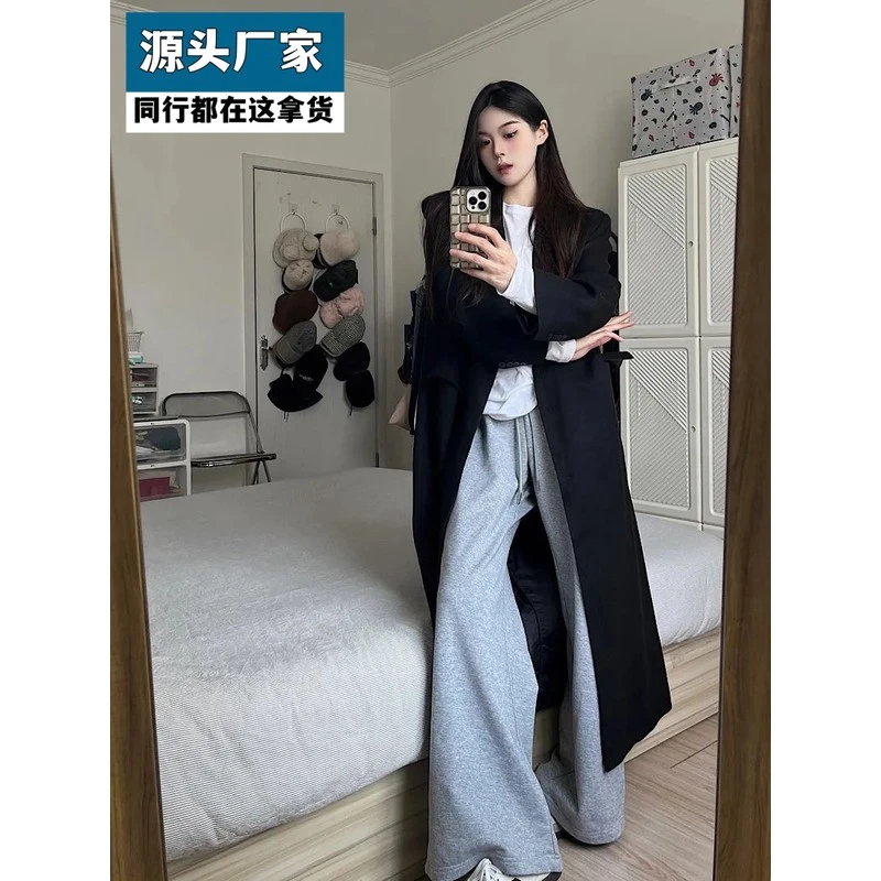 梵乐芬纯棉灰色阔腿运动裤女春夏秋冬季新款垂感裤子宽松直筒休闲
