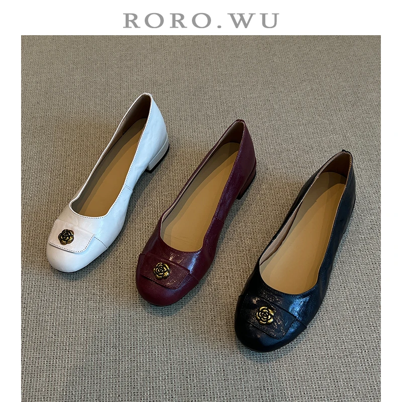 娆娆吴·羊皮一脚蹬山茶花里外真皮复古风百搭日常单鞋女鞋A138
