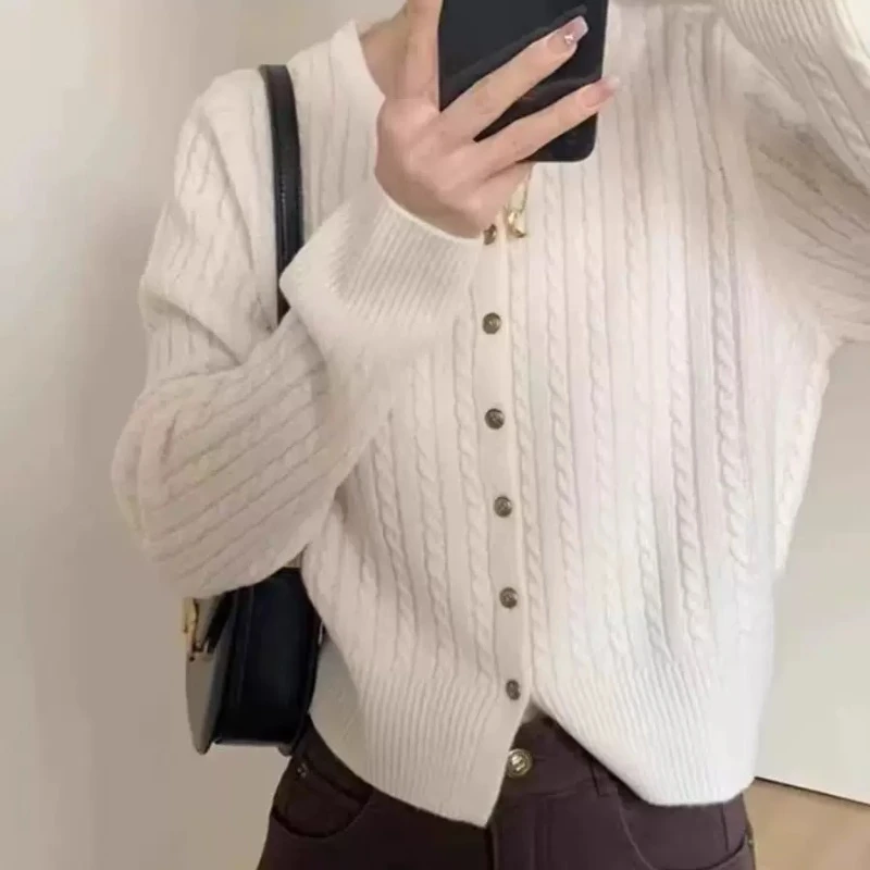 100纯羊毛加厚毛衣女短款圆领开衫外套打底百搭针织山羊绒软糯