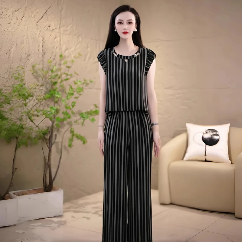 时尚条纹套装女士夏季新款洋气显瘦短袖上衣垂感阔腿裤气质两件套