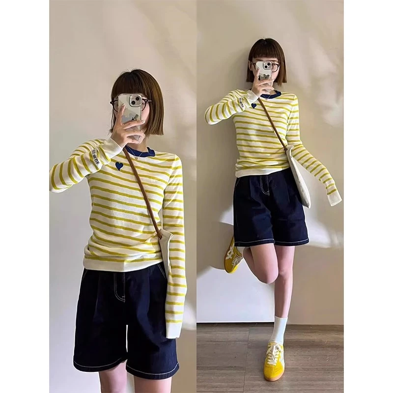 黄色条纹针织衫女早秋内搭外穿独特别致小众撞色圆领长袖打底上衣