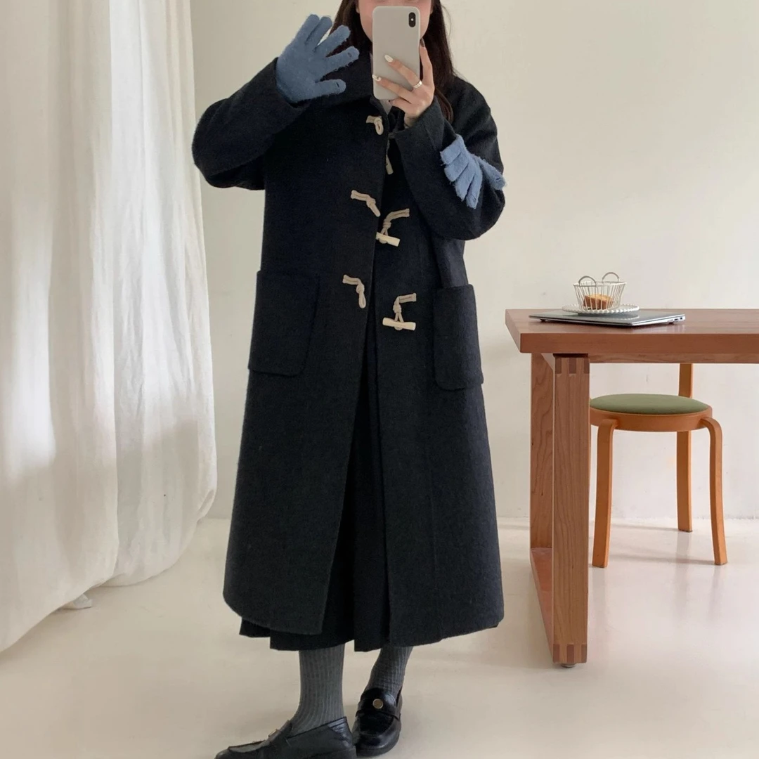 2025秋冬新款东大门韩系翻领牛角扣大衣长款双面呢大衣女毛呢外套