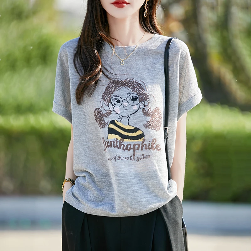 夏季宽松打底针织t恤高端时尚休闲针织短袖 韩版百搭轻奢文艺半袖